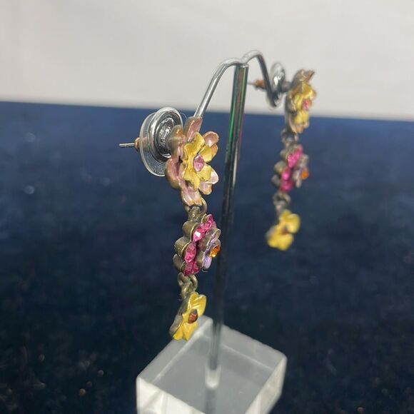 Multi Crystal Dangle Flower Earrings - Picture 2 of 3